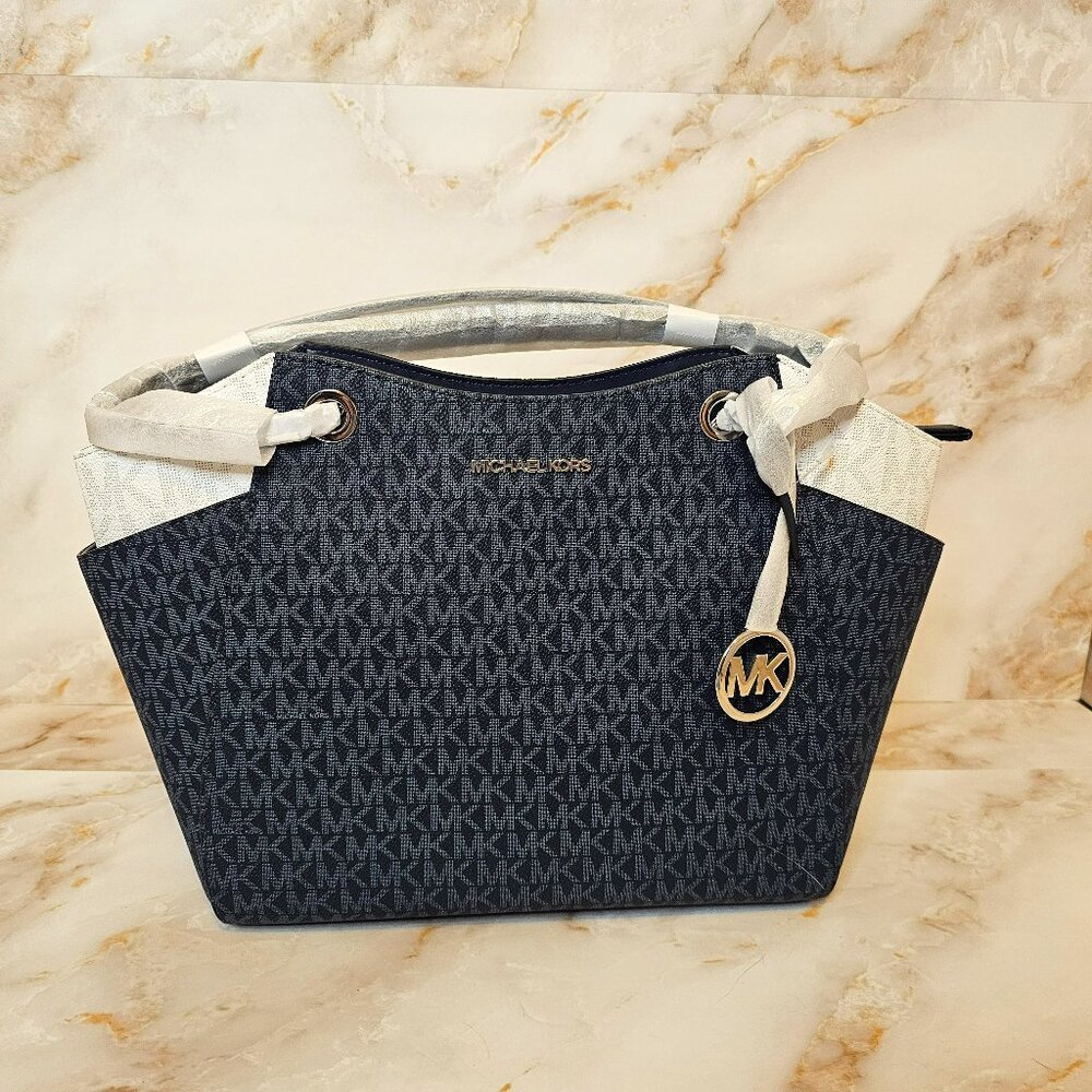 Michael Kors Jet Set Large Signature Logo Shoulder Bag Navy & White, NWT